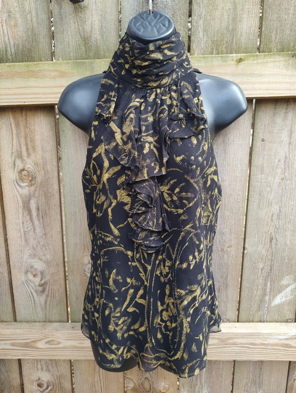 🏵️ Lauren Ralph Lauren VTG Silk Gold Black Classic Ruffle Neck Blouse Size 8